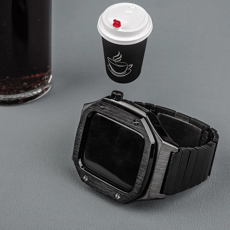 Продажа Кожаный ремешок из нержавеющей стали для часов Apple Watch 44 мм 45 мм с металлическим чехлом для IWatch 7 Series 6 5 4 SE, браслет
