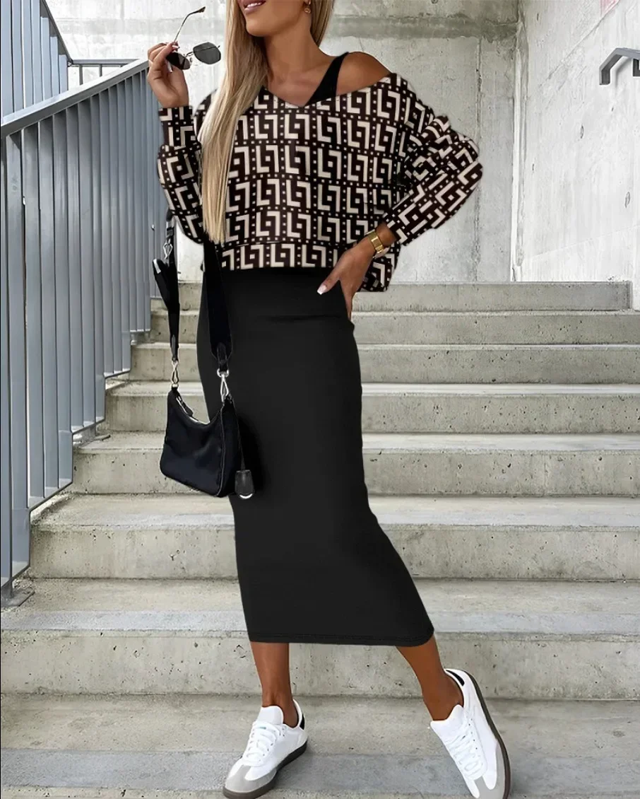 Женский Осенний повседневный комплект из двух предметов блузка с принтом и