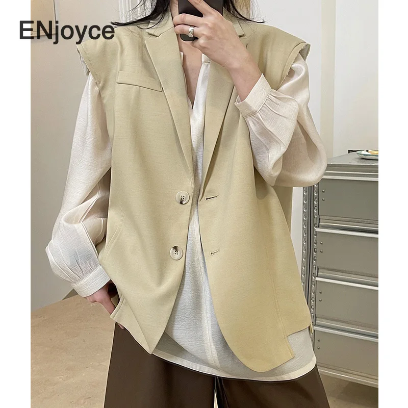 

Vintage Cuffs Raw Edge Design Sleeveless Vest Suit Coat Women Korean Style Woolen Workwear Loose Vests Spring Fall Waistcoat