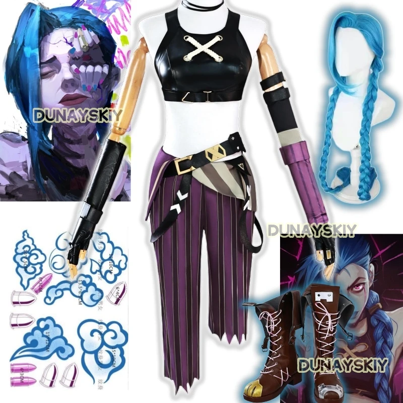 LOL Jinx Cosplay Costume Anime Arcane Uniform Outfits 130cm Wig Halloween Carnival Suit High Quality