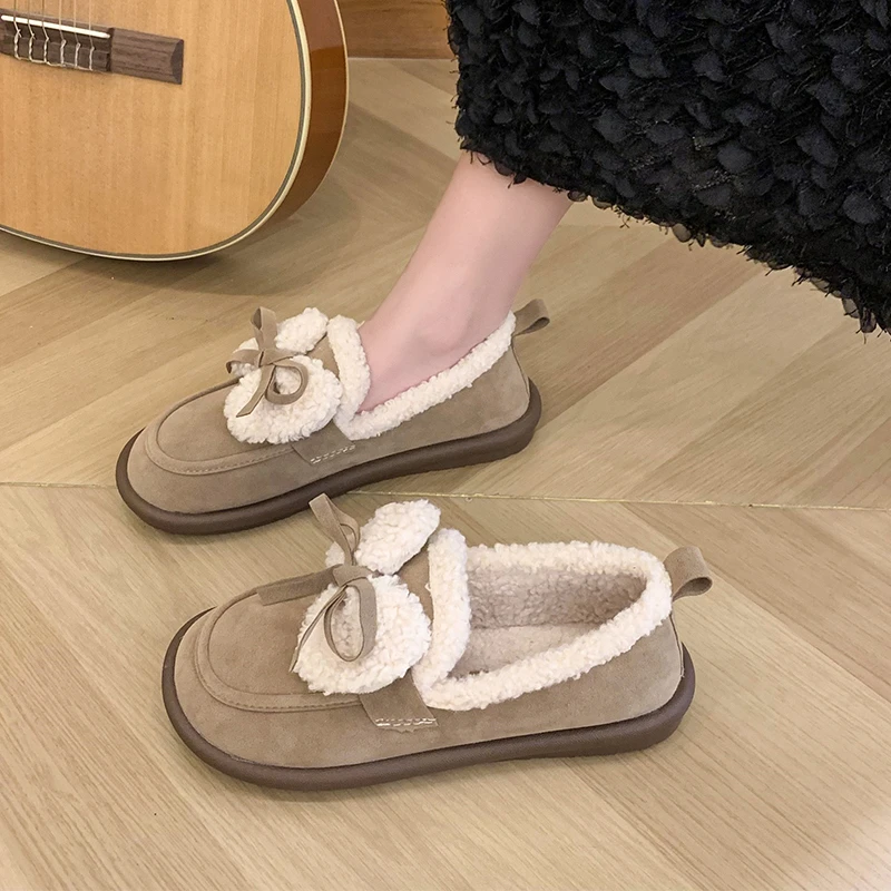 

Casual Woman Shoe Round Toe Bow-Knot Female Footwear Loafers With Fur Slip-on Autumn Retro Moccasin Butterfly Winter Dress Slip