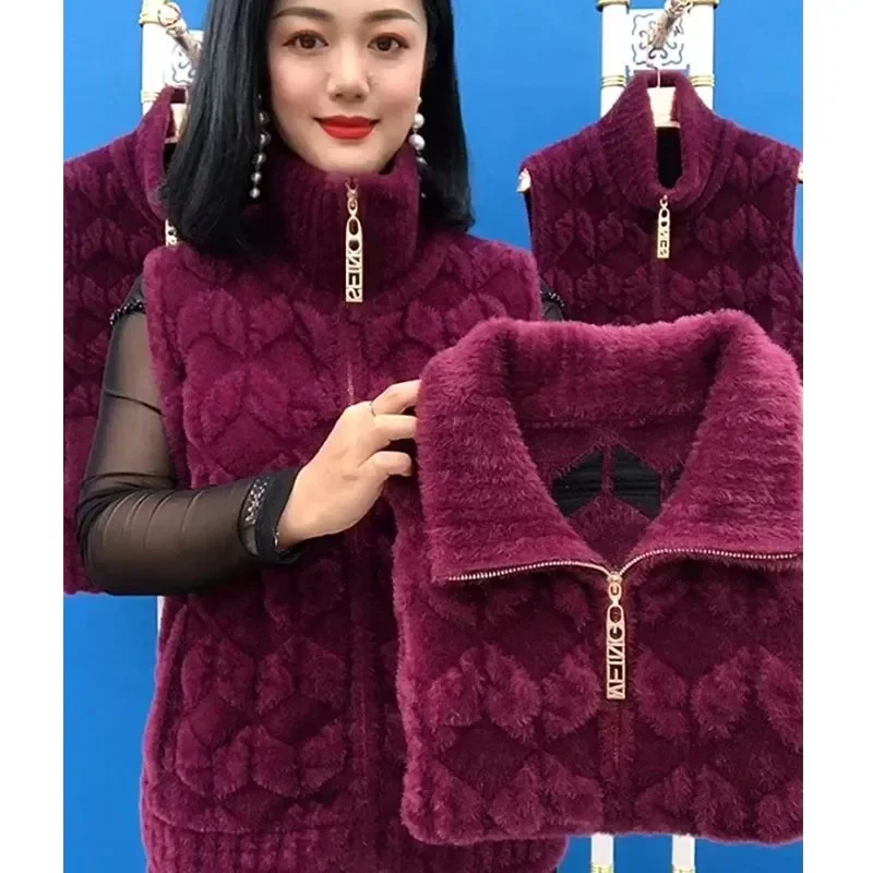 Autumn Winter Imitation Mink Fleece Vest Women Polo Collar Short Sleeveless Jacket Middle Aged Female Waistcoat Warm Outerwear