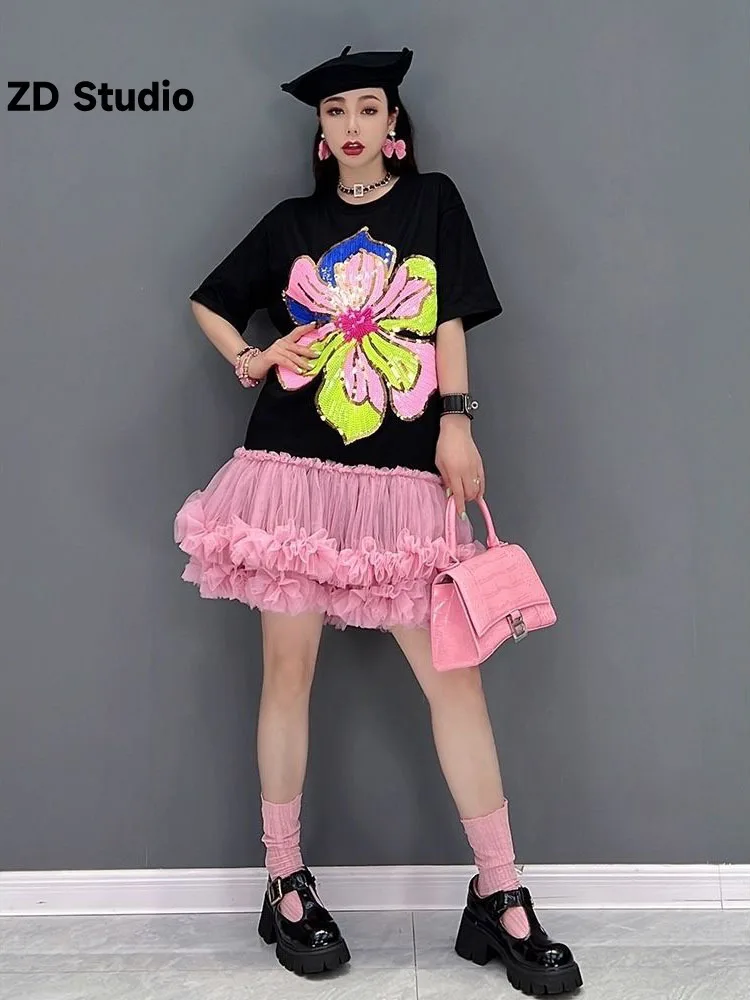 

[ZD Studio] 2023 Summer New Fashion Dress Casual Short Sleeve T-shirt Mesh Splice Women's Wear