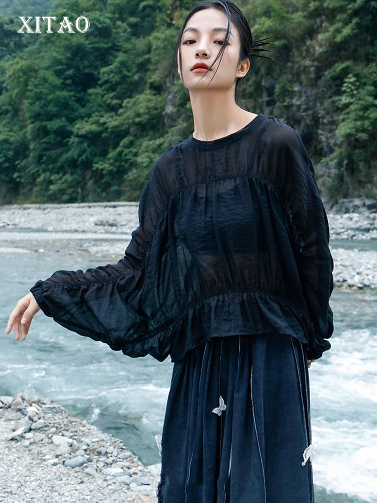 

XITAO Solid Pleated T-Shirt Women Korea 2022 Summer New Arrival Personality Fashion Loose O-neck Short Sleeve T-Shirt WLD8289