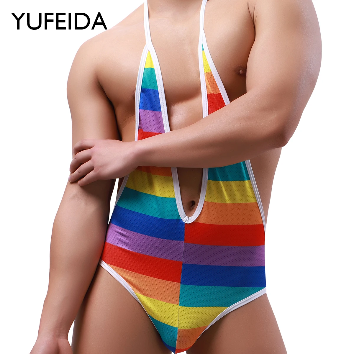 

YUFEIDA Men Print Deep V Fitness Jumpsuit Undershirts Mesh Breathable Sexy Bodysuit Open Butt Ropmer Homewear Leotard Underwear