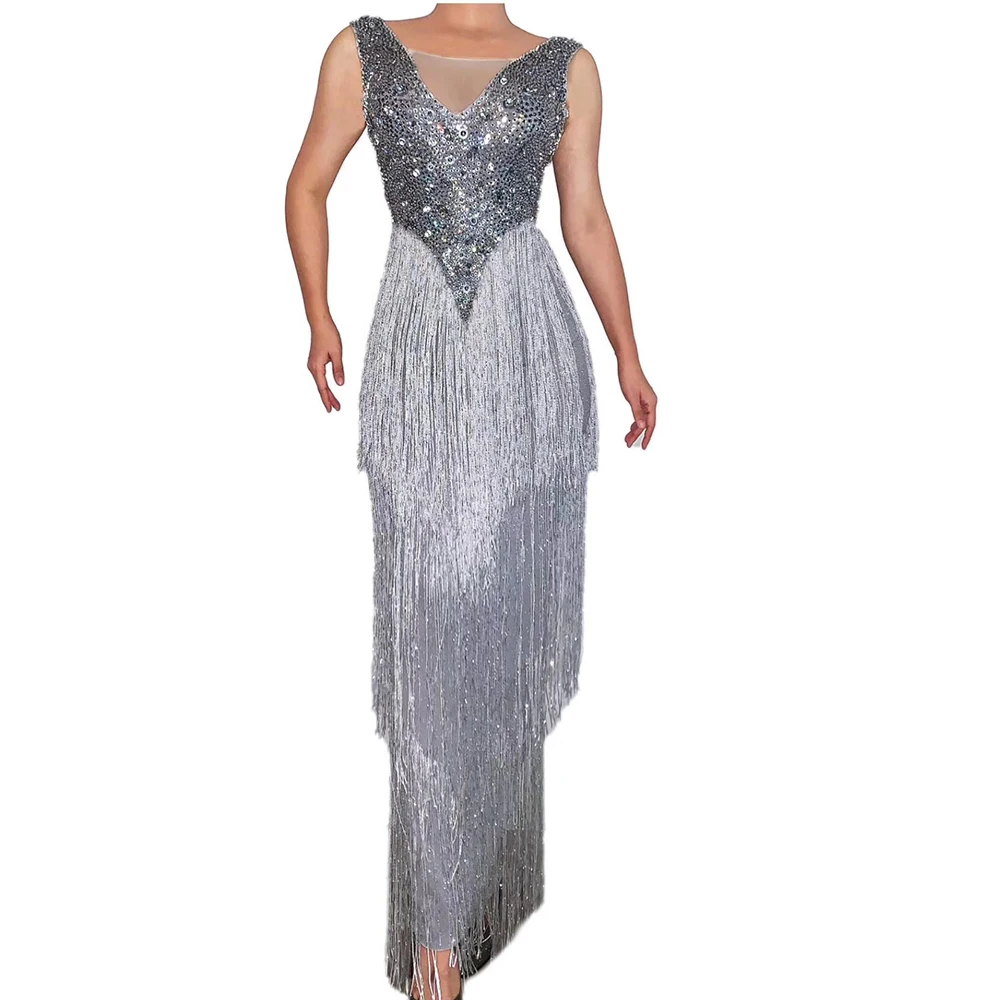 

Silver Shining Rhinestones Sleeveless Sexy Women Long Dress Party Evening Ballroom Clothing Dance Singer On-Stage Costumes