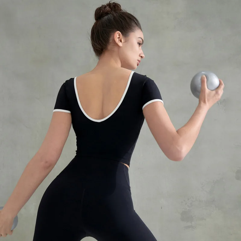 XEXYMIX Yoga Top Women Quick Dry High Elasticity Large Open Back Contrast Sports Fitness T-shirt Pilates Dance Training Clothes
