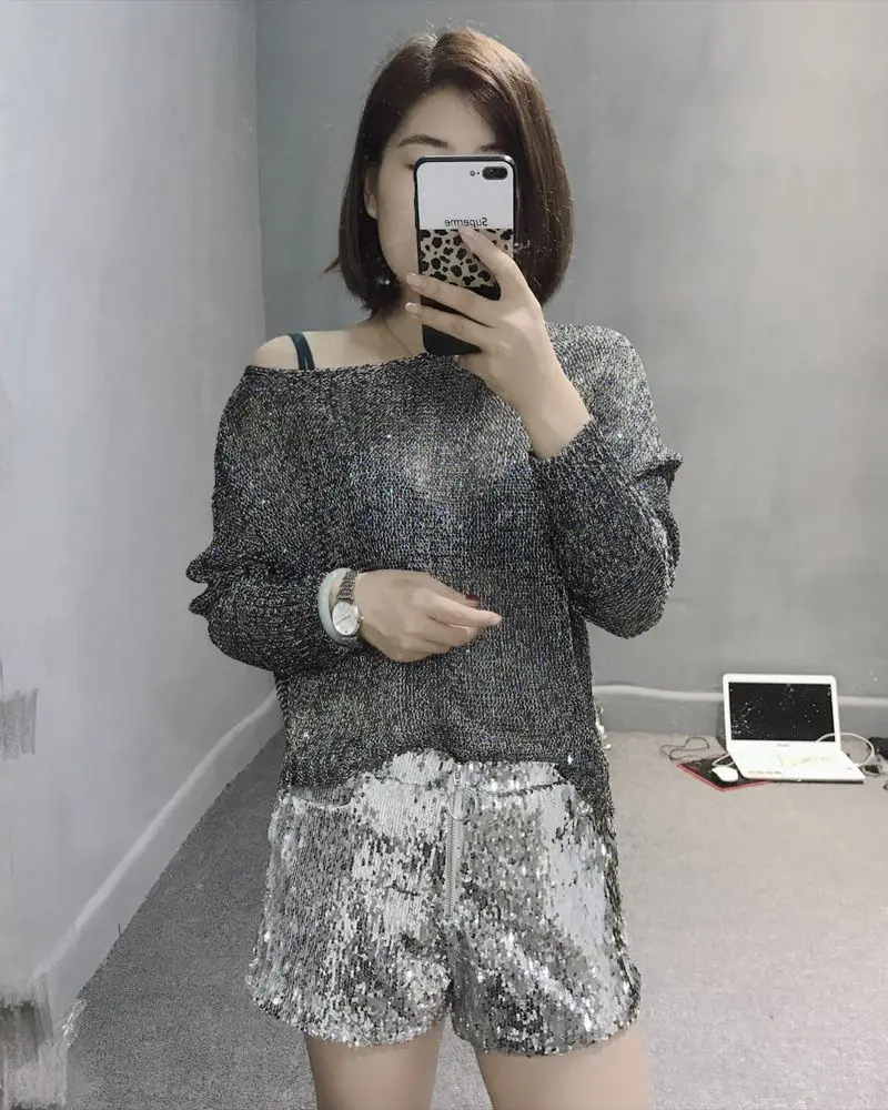 

European and American style fashion sexy oblique shoulder bat sleeve sweater one line neck glitter sequin thin sweater