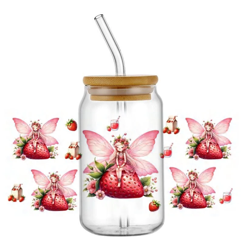 Красивая девушка-бабочка 16 унций клубника УФ DTF чашка обертки переводная