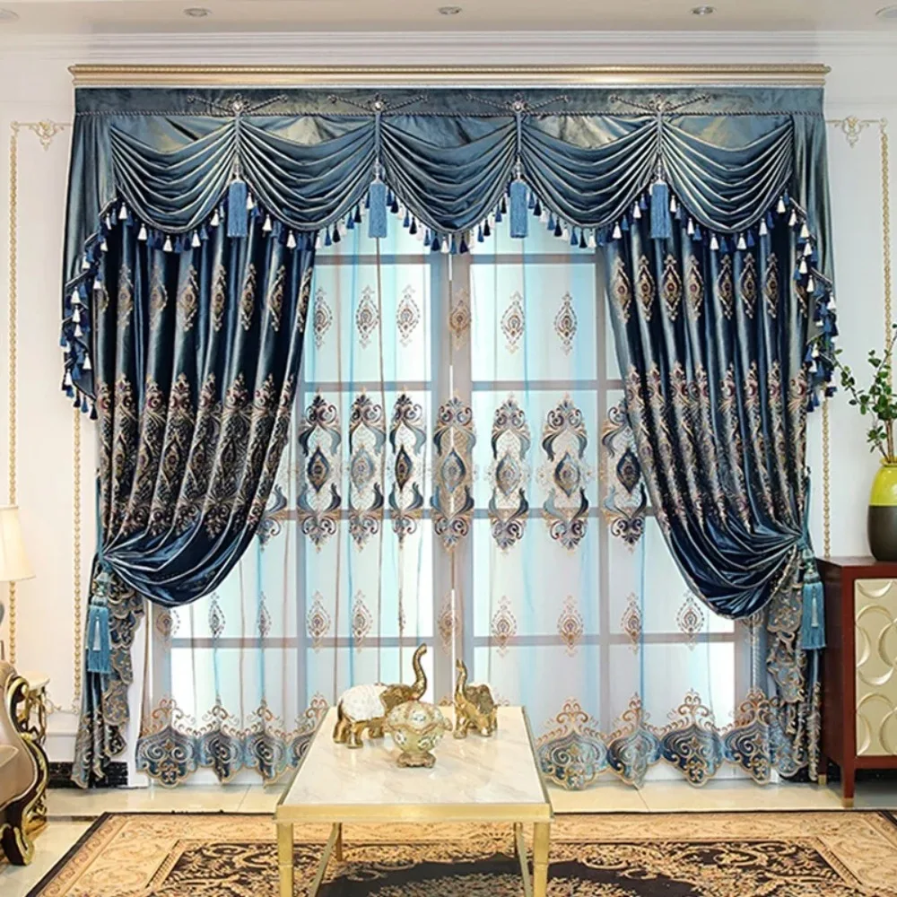 Фото Европейские роскошные синие вышитые шторы для гостиной, спальни, затемняющее украшение на окно на заказ, элегантная тюлевая ткань №1