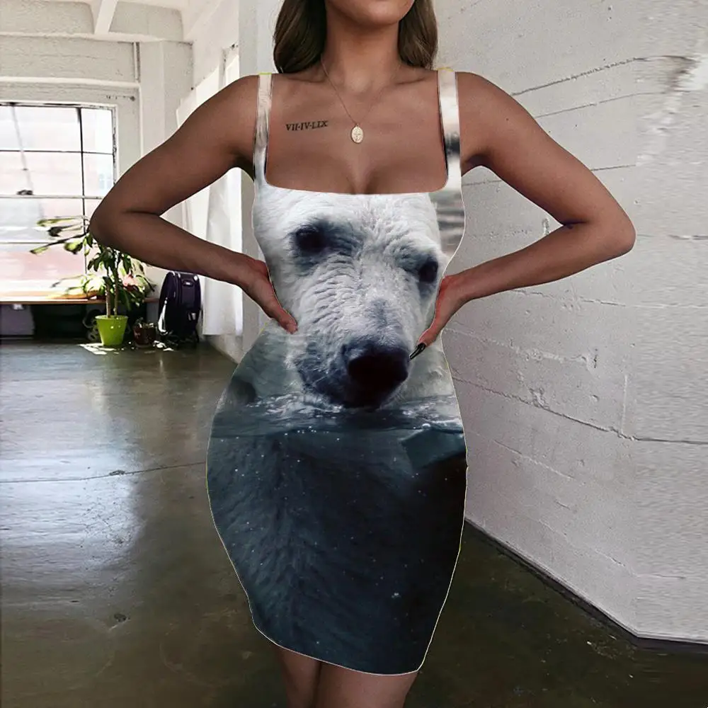 

Женский сарафан KYKU, белое платье с 3D-принтом медведя, в стиле хип-хоп