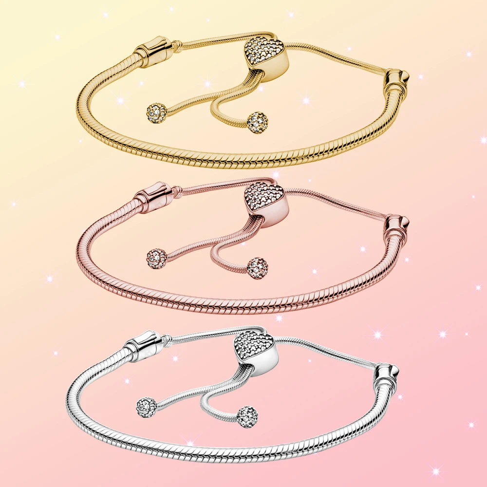 

925 Silver Heart Clasp Snake Chain Charm Bracelet fit for Classic Pandora Beads DIY Woman Party Jewelry Gift