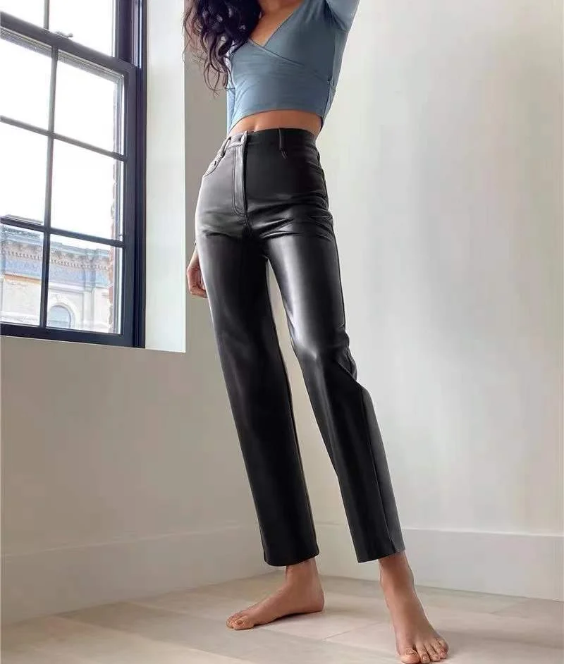 Women Pants Eco-friendly Faux Leather Soft and Stretchy Straight Leg Pants