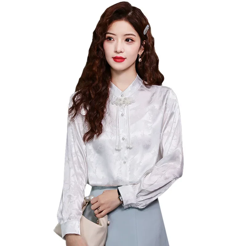 Винтажная белая рубашка с воротником-стойкой в китайском стиле весенний сезон