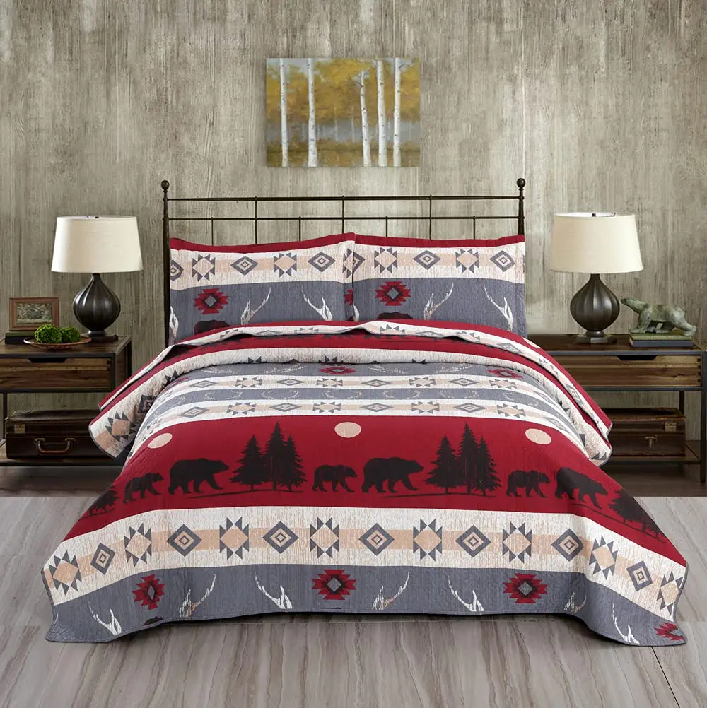 

Lodge Cabin Quilt Set Red Black Bear Bedspreads Coverlet Sets Reversible Wildlife Animal Printed Quilts Lightweight Bed cover