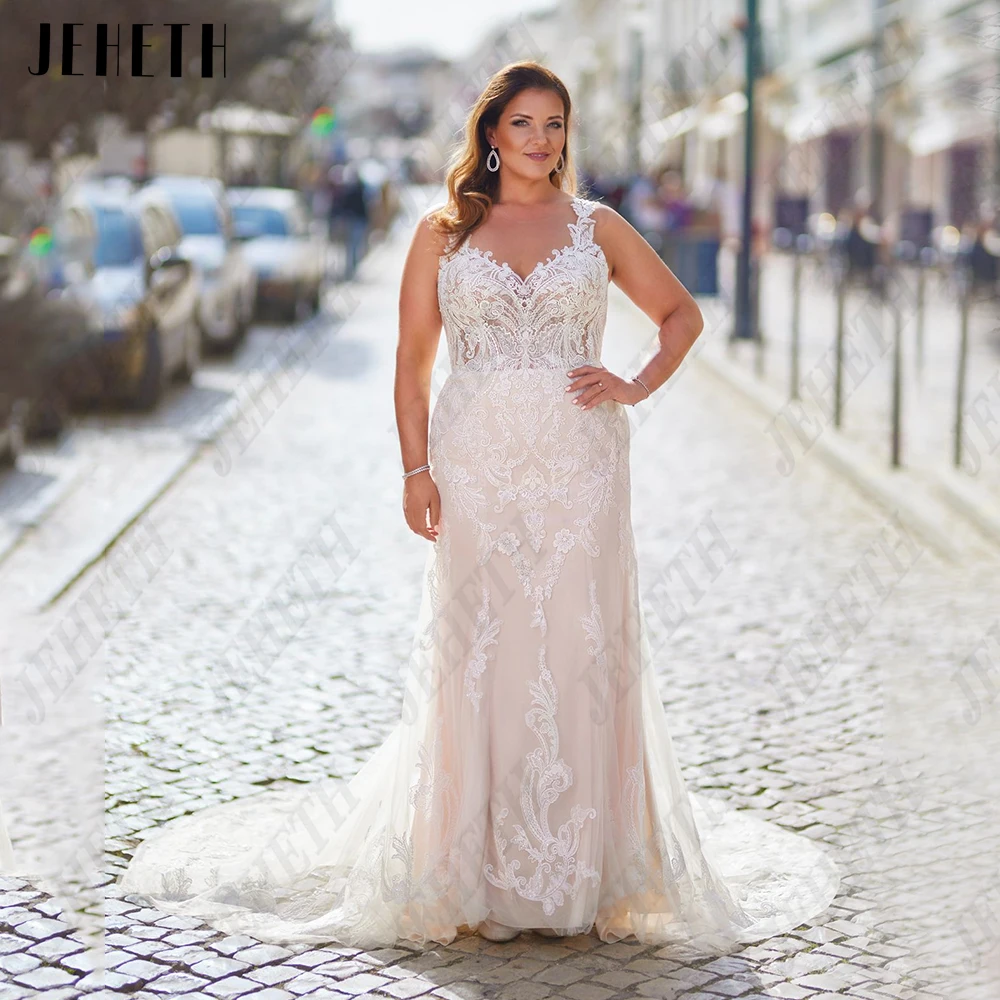 

JEHETH Light Champagne Wedding Dresses For Woman Plus Size Sleeveless Sweetheart Bride Gowns Mermaid Applique vestidos de novia