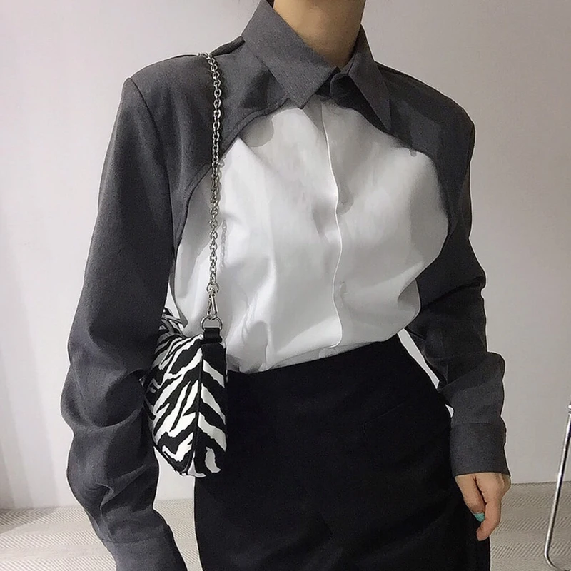 

Women Elegant Patchwork Button Blouse Shirts 2022 Spring Fashion Korean Buttons WOman Tops Office Lady Loose Blusa XC042