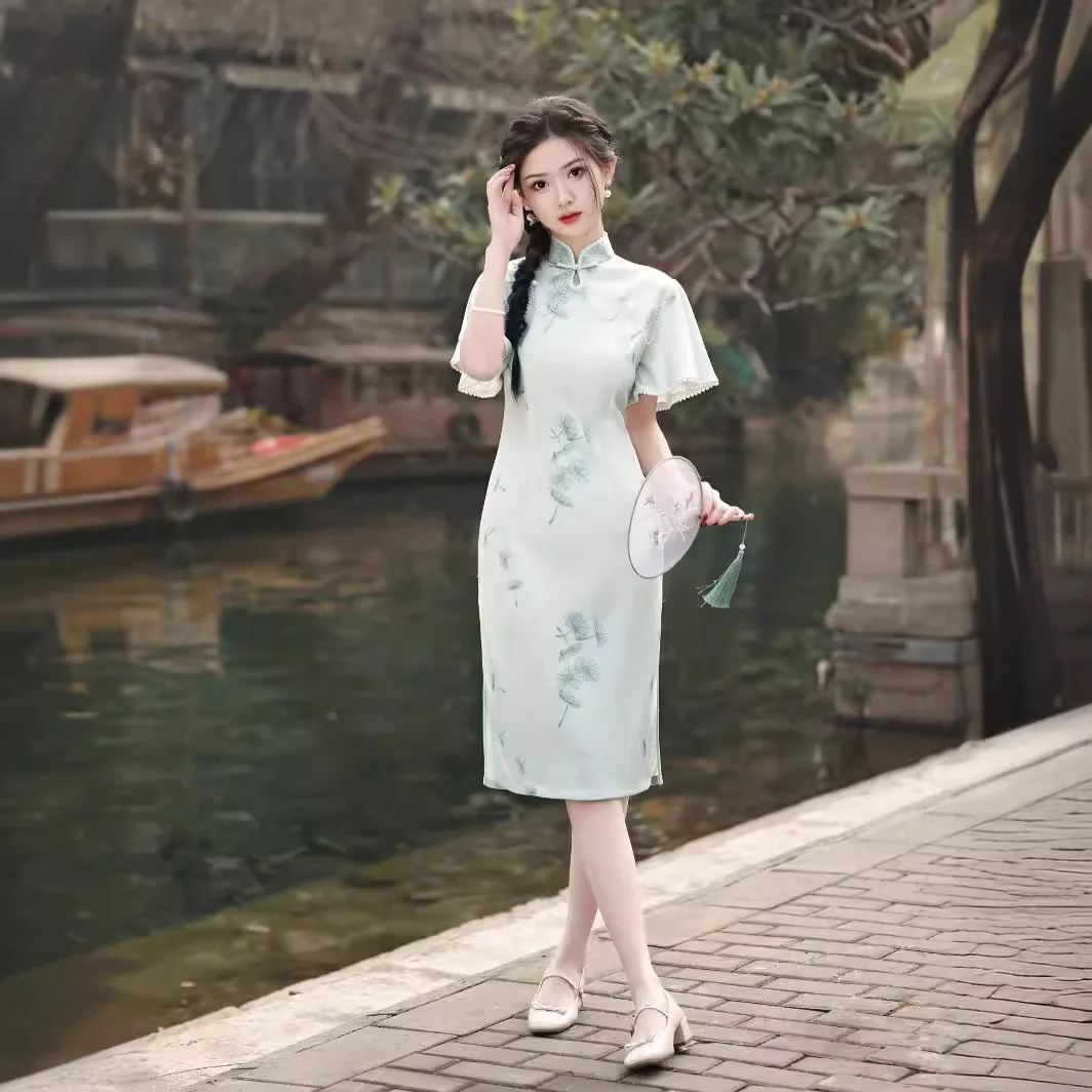 Новинка на весну и лето повседневное китайское платье Qipao с кружевной вышивкой