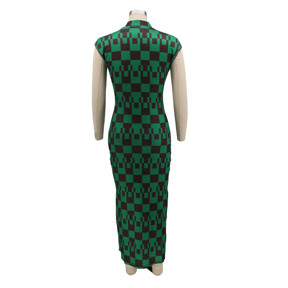 Plus Size Plaid Printed Bodycon Long Dress Sleeveless Skinny Split Party Vestidos Elegant Vintage Robes Female Clothings 2022