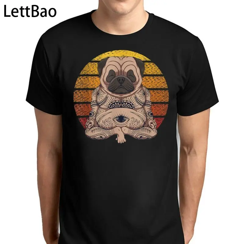 

Футболка мужская хлопковая с круглым вырезом, милая Ретро футболка С закатом собаки и мопса для йоги, уличная одежда в стиле Харадзюку, топ с...