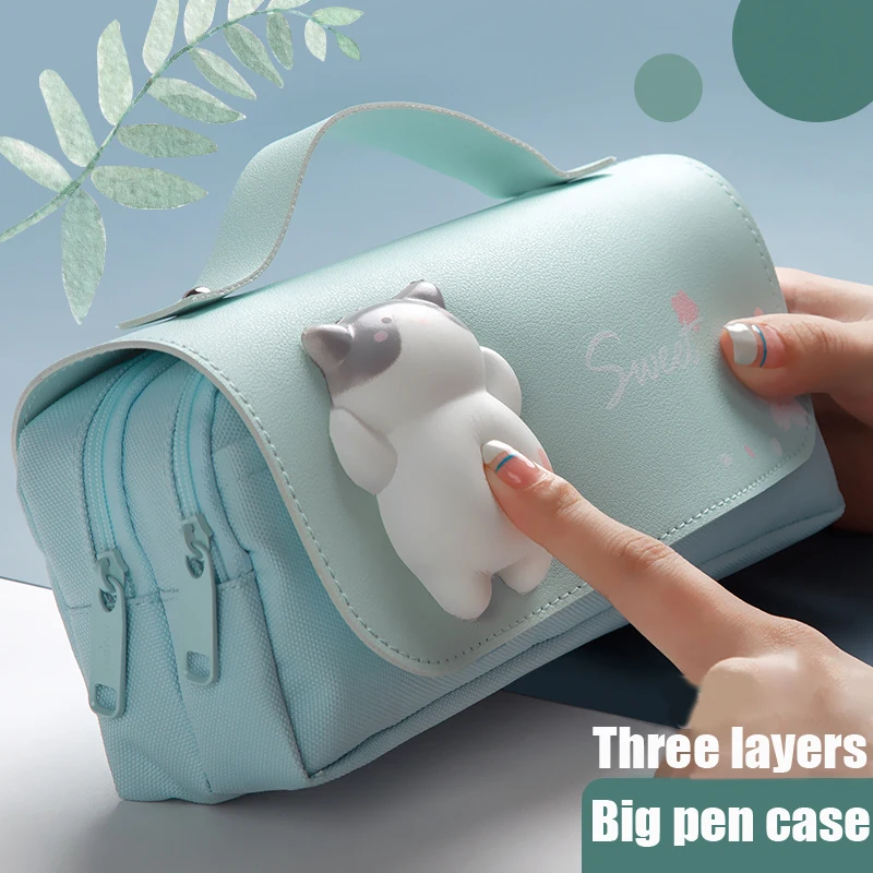 Cute Cat Decompression Pencil Case Big Pencil Box Portable Girls Pen Bag Double Layer School Pouch Kawaii Stationery Pensil Case