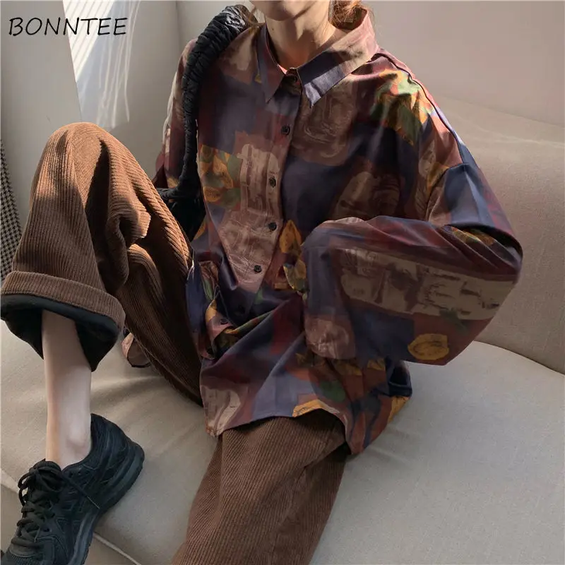 

Blouses Women Vintage Print Korean Long Sleeve Harajuku Baggy Lady Blouse Turn-down Collar Retro Spring Womens Streetwear Top