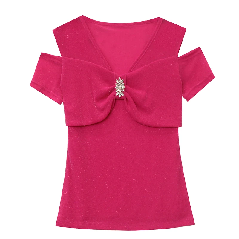 Женская футболка с V-образным вырезом и бантом коротким рукавом