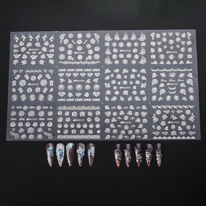 

a large sheet fashion rose nail stickers Metal silver camellia flowers and leaves English letters large back glue nail stickers