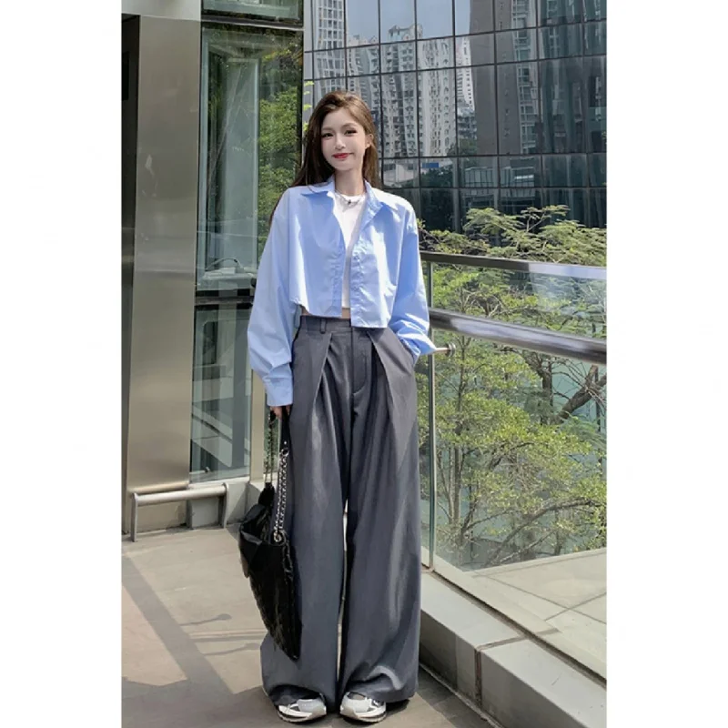 

Suit wide-leg pants suit women's long-sleeved short style shirt loose casual pants three-piece set(Order separately)