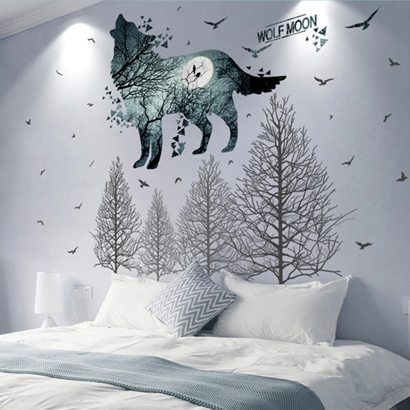 

Forest Trees Wall Stickers DIY Wolf Birds Animals Wall Decals for Kids Rooms Baby Bedroom Kindergarten Nursery Home Decoration