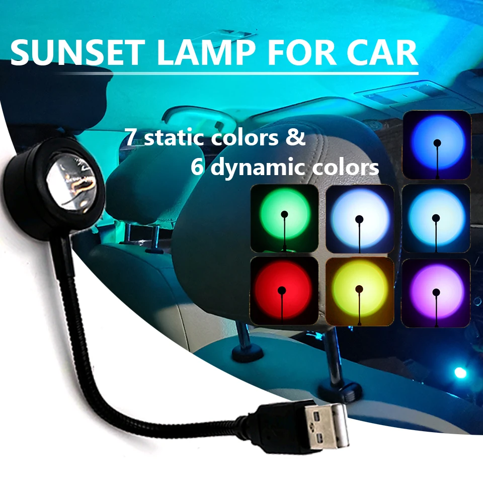 

RGB Автомобильный светодиодный внутренний ночник, проектор, лампа С закатом, атмосфера, USB, неоновый автомобильный двигатель, комната, романт...