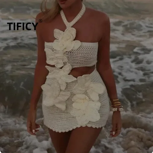 Новый вязаный полый висячий воротник с цветочным принтом пляжный женский