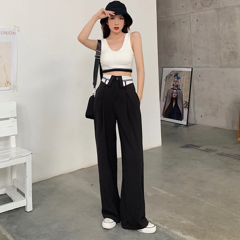 

Autumn Women's Korean Version Fashion Black Self Cultivation Suit Pants High Waist Straight Mopping Casual Thin Wide Leg Trouser