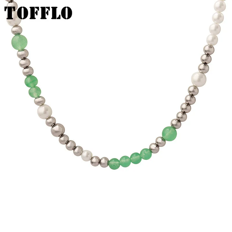 

TOFFLO Stainless Steel Jewelry Round Bead Pearl Splicing Chain Necklace Women Elegant Simple Collarbone Chain BSP1210