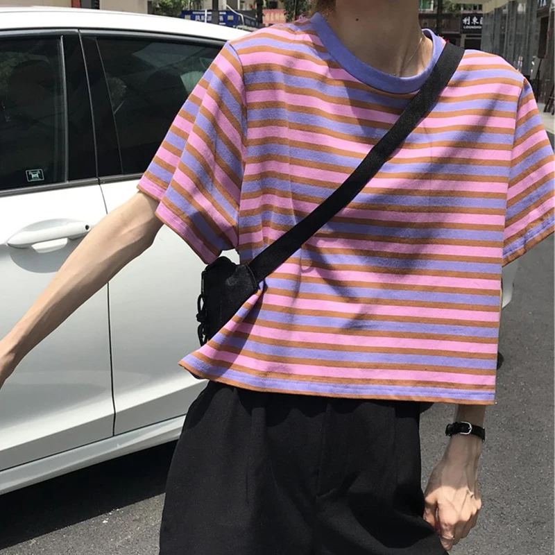 

Summer Loose Striped T-Shirt Fashion O-Neck Short Sleeve Women's Top Casual Stitching Contrast Color Ladies Tops 2022 New