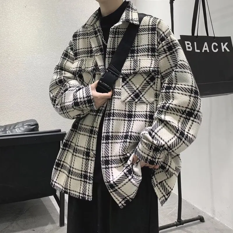 

Wool Plaid Shirt Jacket Spring Autumn Men Loose Casual Jacket