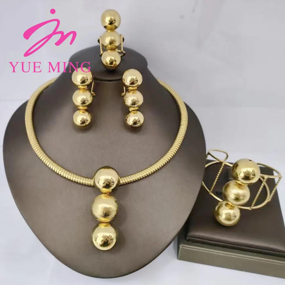 

4pcs Copper Jewelry Set for Women 18K Gold-plated Dubai Round Beads Cuff Bangles Adjustable Rings Geometry Necklace Earrings
