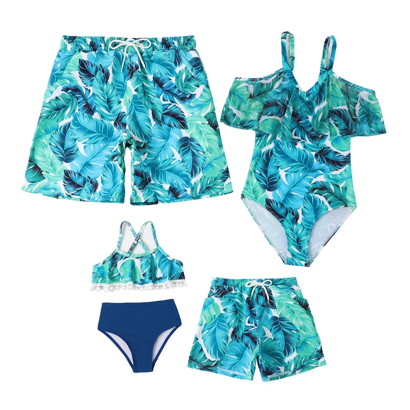 

2023 Leaf Family Matching Swimsuits Outfits Tank Ruffled Mother Daughter Swimwear Mommy and Me Clothes Father Son Swim Shorts