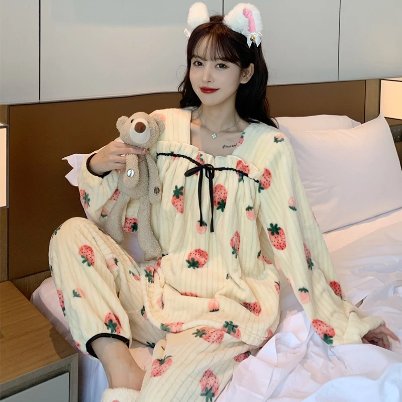 Autumn and winter new large size one word collar coral fleece pajamas women thickened can be worn outside warm bow flannel suit