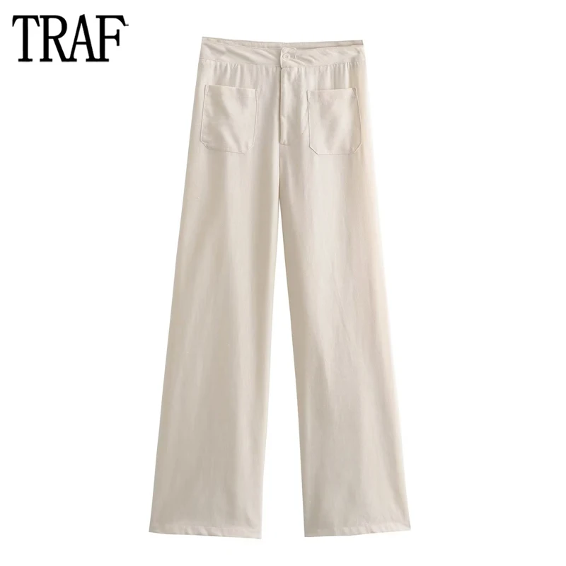 

TRAF Beige Baggy Pants Woman Autumn Mid Waist Pants for Women Holiday Casual Woman Trousers Streetwear Straight Leg Women Pants