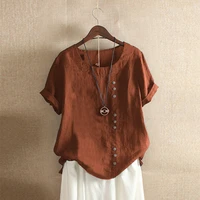 gothic woman clothing summer office lady big size tunic 2022 cotton linen baggy blouse casual short sleeve print shirt blouse