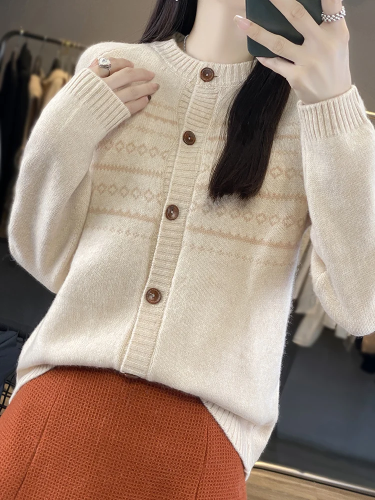 Осенний жаккардовый кардиган в стиле ретро из 00% флиса женский свободный с