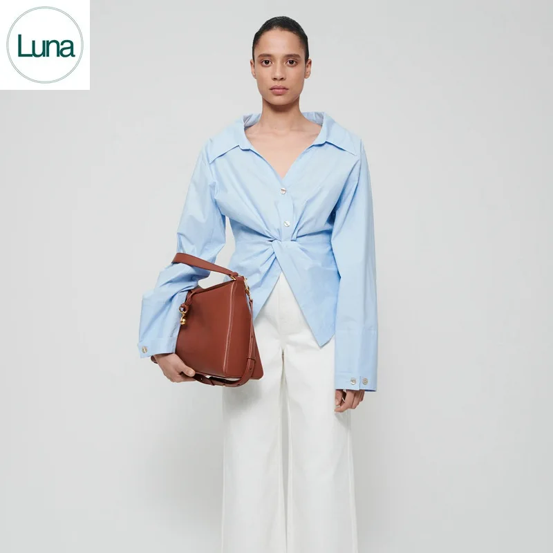 

Европейская и американская нишевая рубашка 2023 темпераментная хлопковая рубашка с V-образным вырезом и длинными рукавами для женщин весна/лето