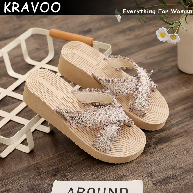 

KRAVOO Braided Cross Band Peep Toe Shoes for Women Elegant Slippers Platform Wedges Sandals Ladies Outdoor Beach Slides Summer