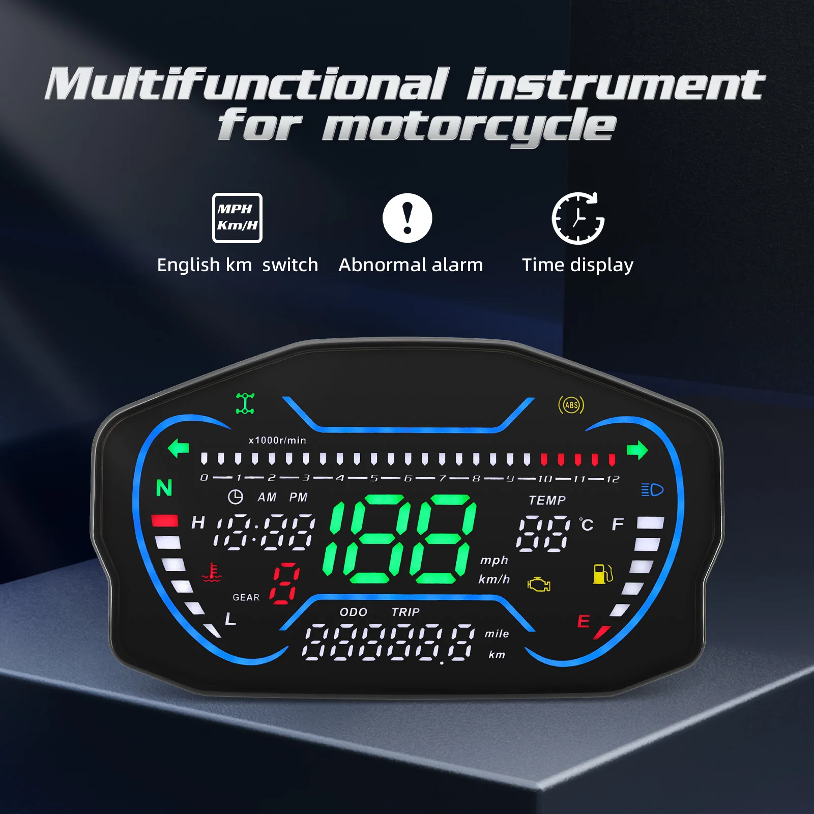 

12000 об/мин, мотоциклетный ЖК-цифровой спидометр, одометр, тахометр, указатель уровня топлива, приборная панель для мотоцикла, Km/ч, MPH, измеритель скорости на заказ