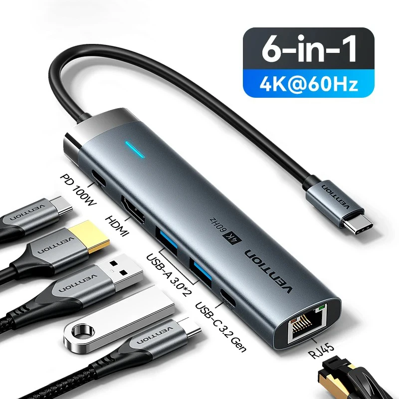 Разветвитель USB C 3.2 Hub адаптер Type — HDMI PD 100 Вт 4K 60 Гц RJ45 Macbook iPad Pro Air M2 M1 Sumsang