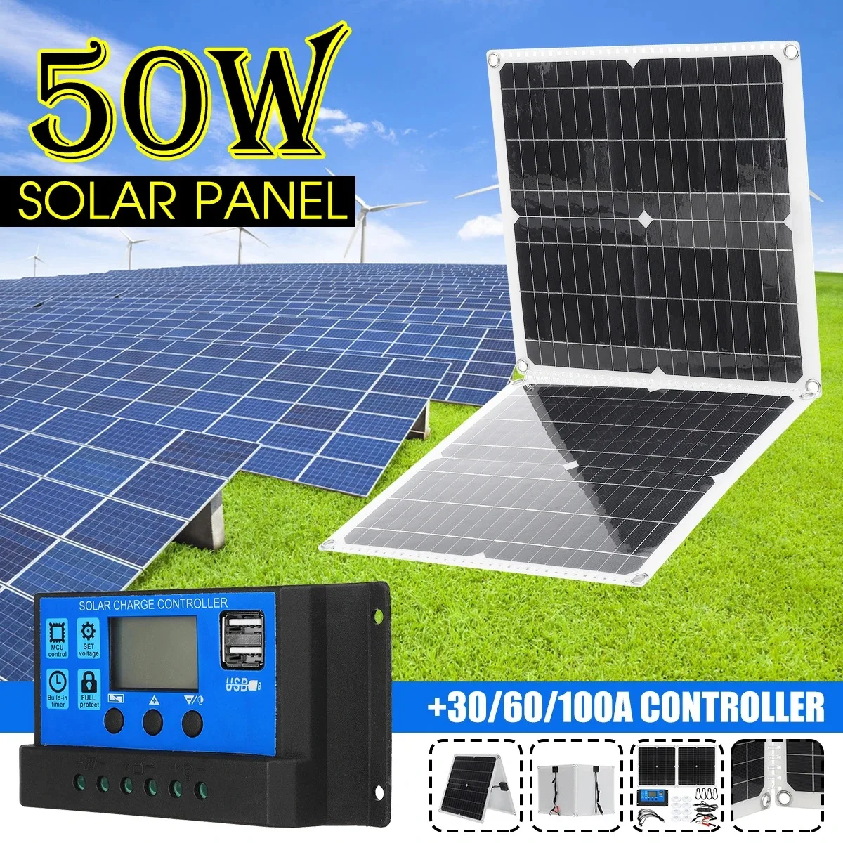 12V 180W Protable Solar Panel Kit 2 USB Charger Port with 30A/60A Solar Charge Controller Off Grid Monocrystalline Module