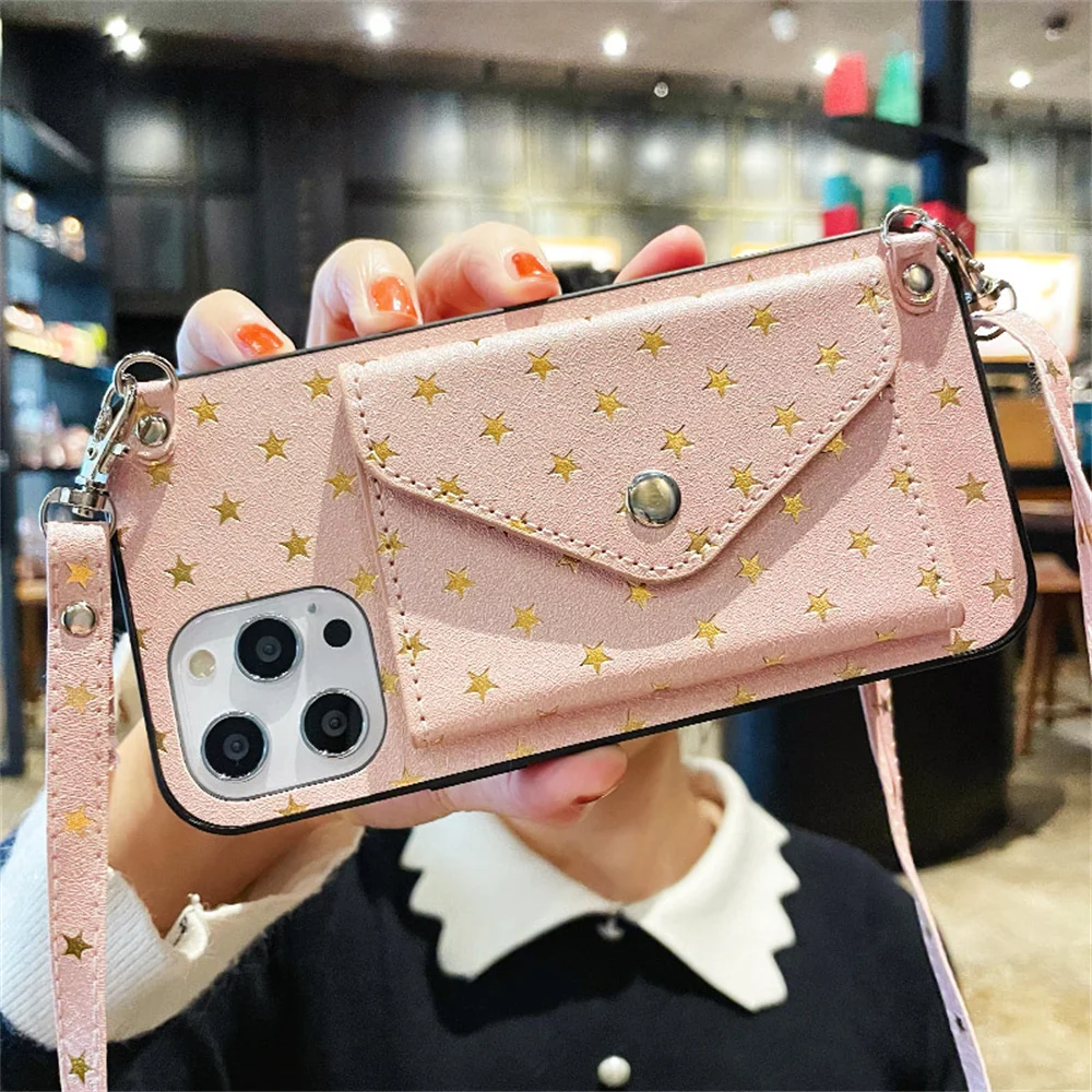 

Crossbody Phone Case for iPhone 13 12 Mini 11 Pro XS Max XR X SE 2020 8 7 Shoulder Lanyard Golden Pentagram Stars Leather Cover