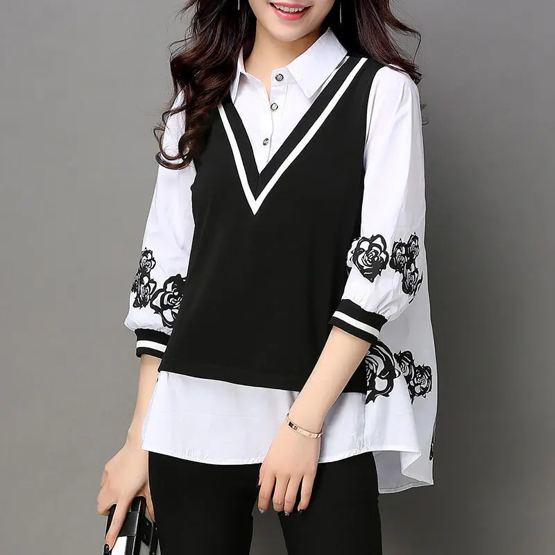 

Women's Lapel Korean Version Loose Fitting Quarter Sleeve Fake Two-piece Fashion Shirt Spring/summer New Print Top