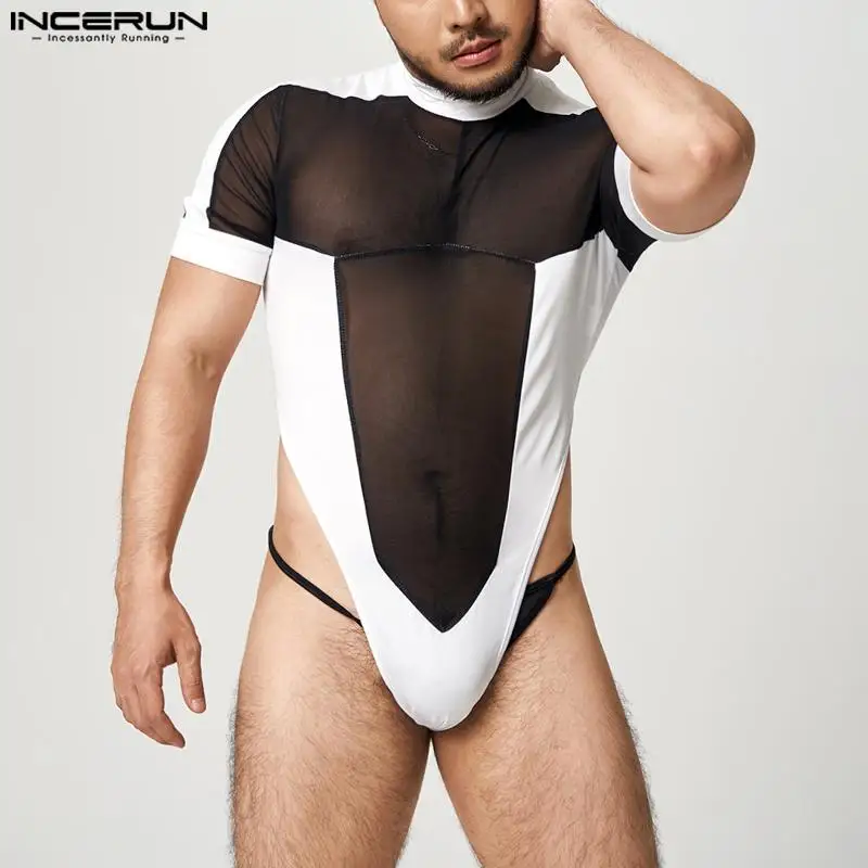 

2022 Men Bodysuit T Shirt Turtleneck Transparent Mesh Patchwork Short Sleeve Undershirt Tops Men Sexy Bodysuits S-5XL INCERUN